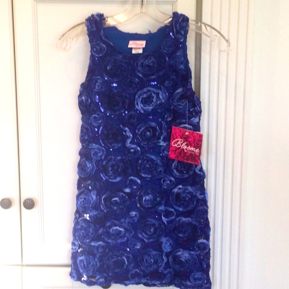 NWT Formal Dress Royal Blue with Ribboned 3 D flowers and purple sequins